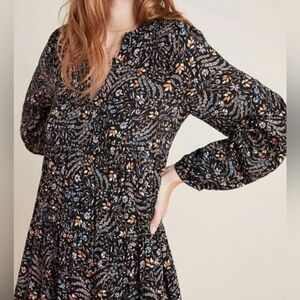 Black Floral Long-Sleeve V-Neck Women's Dress